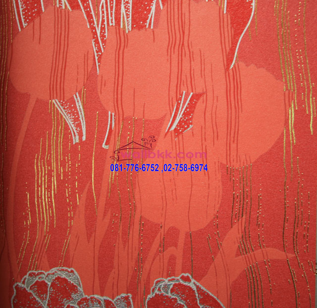 SRG12-12 wallpaper พื้นสีแดงลายดอก ตัดลายริ้วสีเงินสีทอง